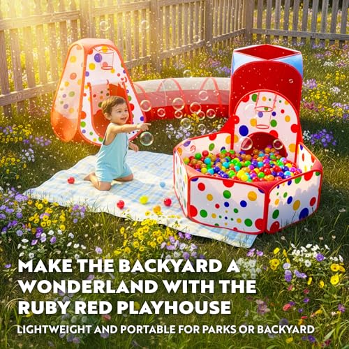 Playz 5-Piece Kids Play Tents Crawl Tunnels and Ball Pit Popup Bounce Playhouse Tent with Basketball Hoop for Indoor and Outdoor Use with Red Carrying Case - color: Red