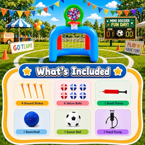 Toddler Soccer Goal & Basketball Hoop Set for Ages 2-4, 3-in-1 Inflatable Kids Sports Center with Sticky Ball Target, Indoor Outdoor Soccer Net Birthday Gift for Boys Girls