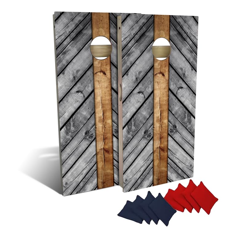 Slick Woody's Professional-Grade Cornhole Boards - 4'x2' Solid Wood Regulation Woodgrain Flag Bean Bag Toss Game with 8 Resin Filled Bags - color: Grey Wood Pattern
