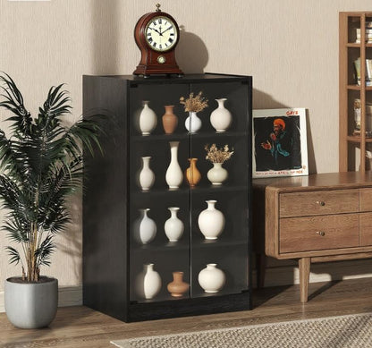 21" Storage Cabinet with Tempered Glass Doors, Floor Storage Cabinets with Adjustable Shelves, Storage Locker with Cable Management Holes for Living Rooms & Media Equipment, Distressed Black