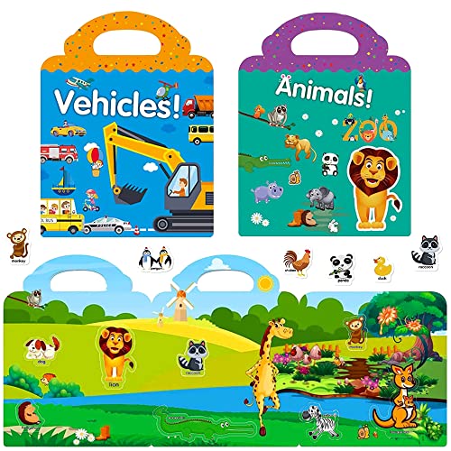 RUSON Reusable Sticker Book for Kids, 4 Sets Educational Learning Toys Travel Stickers Activity Books for Toddler Girls Boys Age 3+ Birthday Gifts - Vehicle, Space, Dinosaur & Animals - style: Vehicle + Dinosaur + Animal + Space
