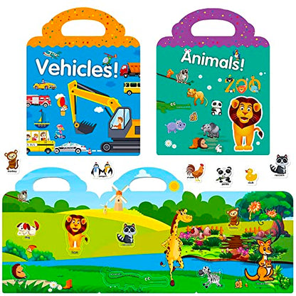 RUSON Reusable Sticker Book for Kids, 4 Sets Educational Learning Toys Travel Stickers Activity Books for Toddler Girls Boys Age 3+ Birthday Gifts - Vehicle, Space, Dinosaur & Animals - style: Vehicle + Dinosaur + Animal + Space