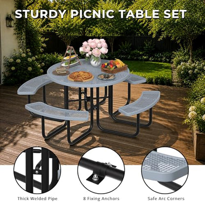 All-Weather Round Outdoor Picnic Table, Commercial Picnic Table Bench Set with Umbrella Hole, Thermoplastic Coated Metal Dining Tables for School, Stores, Park, Patio, Yard, Grey - color: Grey