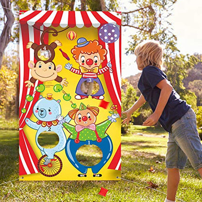 Blulu Carnival Toss Games Banner with 3 Bean Bags Halloween Carnival Game for Kids and Adults Circus Theme Party Decorations for Birthday Family Fun Throwing Indoor Outdoor - style: Circus Animal