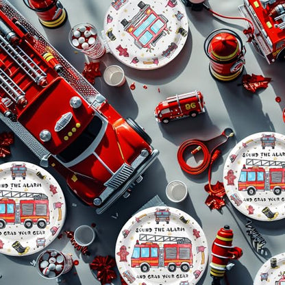Firetruck Theme Birthday Party Tableware Set with Plates, Napkins, and Forks - style: Firetruck