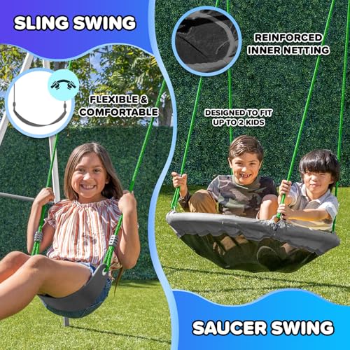 Sportspower Super Saucer Hoop and Swing Outdoor Backyard Swing Set with Basketball Hoop, Saucer Swing, Sling Swing, 5-ft Double-Walled Blow Molded Slide, and Bonus Anchor Kit – White/Silver