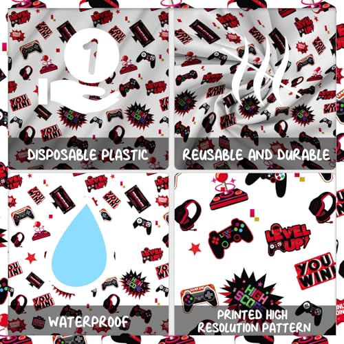 Red Video Game Party Tablecloth Gamer Birthday Party Supplies Level Up Decorations High Score Video Gaming Theme Table Cover for Dining Banquet Fiesta Picnic Anniversary Wedding Party Decorations - size: 157