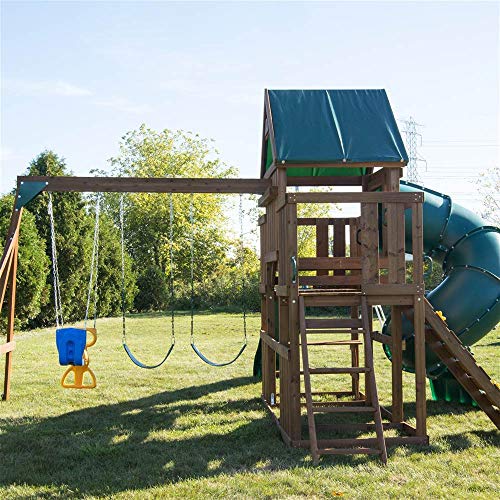 Swing-N-Slide WS 8359 Tellico Terrace Wood Swing Set with Two Slides, Climbing Wall & Swings, Brown