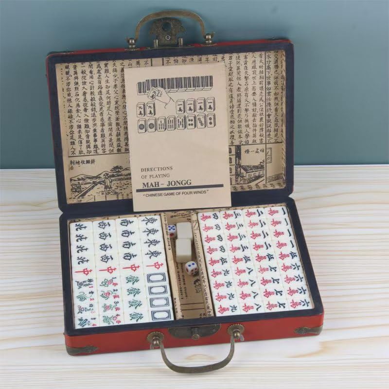 Chinese Mahjong Set | 146PCS Mini Tiles，0.87" x 0.59" x 0.47" Tiles, 2PCS Dot Dice, 6.7" Wooden Carry Case, For Travel, Family Gathering, Party