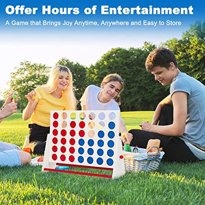 ApudArmis Portable Wooden 4 in a Row Game, Classic Wooden 4-to-Score Game Set with Coins & Carrying Bag-Indoor Outdoor Connect Games for Teens Adults Family