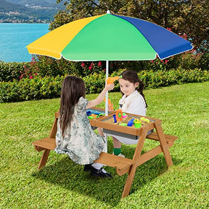 ARLIME Sand and Water Table - 3-in-1 Kids Picnic Table with Height Adjustable Umbrella, Removable Table Top & 2 Detachable Game Boxes, Water Play Table for Boys Girls, Outdoor Sensory Table (Colorful)