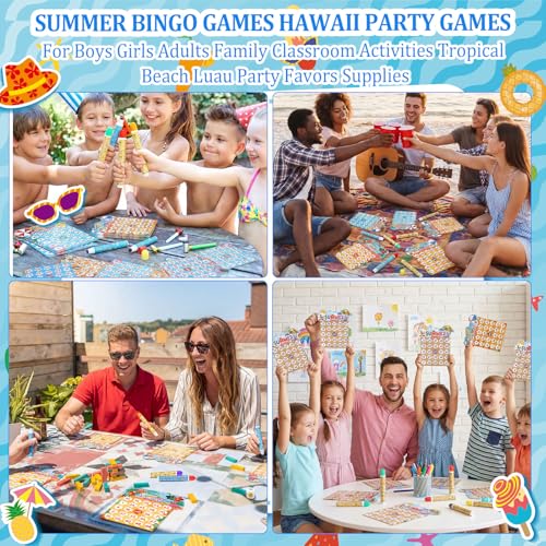 Eersida 192 Pack Summer Bingo Game Cards and 0.4 oz Dot Daubers Set Includes 144 Bingo Cards and 48 Dot Markers Summer Hawaiian Gifts Game Supplies for Beach Party Favor Family Casino Play Night - style: Summer