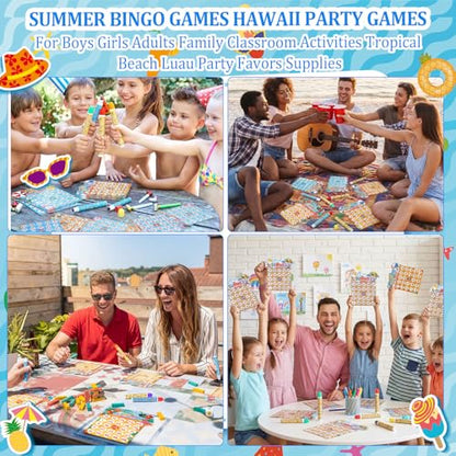 Eersida 192 Pack Summer Bingo Game Cards and 0.4 oz Dot Daubers Set Includes 144 Bingo Cards and 48 Dot Markers Summer Hawaiian Gifts Game Supplies for Beach Party Favor Family Casino Play Night - style: Summer