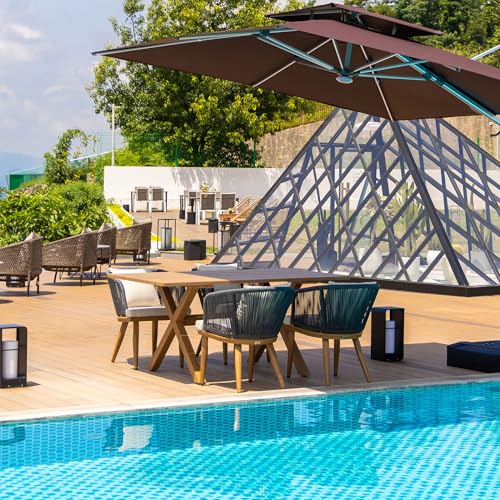 PURPLE LEAF 5 Pieces Patio Dining Set Wicker Outdoor Furniture Rectangular Table and Chairs Set for Garden Deck Teak-Finish Aluminum Frame Backyard Kitchen Set, Cushions and Pillows Included - color: Teak, size: 5 Pcs, style: Rectangular
