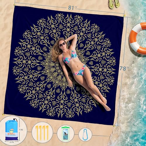 BYDOLL Beach Blanket Waterproof Sandproof Large Sand Free,78''X81''/10'X9' Oversized Sandless Lightweight Blanket Picnic Mat for Beach Travel Camping Hiking with Stakes - color: Navy Mandala, size: 78"X81"