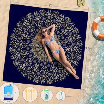 BYDOLL Beach Blanket Waterproof Sandproof Large Sand Free,78''X81''/10'X9' Oversized Sandless Lightweight Blanket Picnic Mat for Beach Travel Camping Hiking with Stakes - color: Navy Mandala, size: 78"X81"