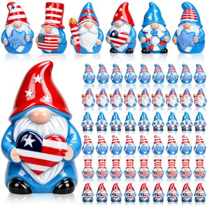 60 Pcs Patriotic Mini Resin Gnomes 6 Style 4th of July Tiny Gnomes Figures to Hide Independence Day Miniature Decor for DIY Craft Projects Party Favors and Desk Decor - style: 60Pcs-Patriotic Gnomes