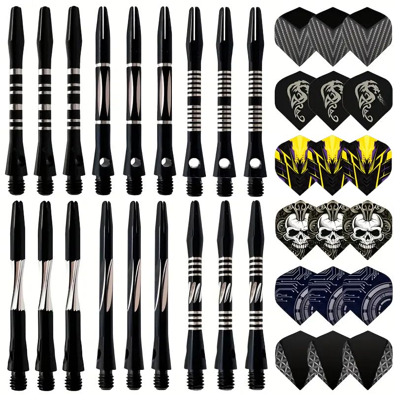 24/18Pcs Dart Flights and Stems Sets Durable Metal Stems, Colourful Dart Flights and Stems Combination, Aluminium 2BA Threaded Dart Fittings (Multi-Size Set) - color: black