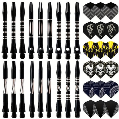 24/18Pcs Dart Flights and Stems Sets Durable Metal Stems, Colourful Dart Flights and Stems Combination, Aluminium 2BA Threaded Dart Fittings (Multi-Size Set) - color: black