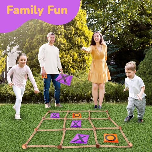 Gamie Giant Tic Tac Toe Game Outdoor - 3 x 3 Feet - Includes Rope Grid, 10 Bean Bag Play Pieces, and 1 Drawstring Carry Bag - Large Yard Games - Outdoor Game for Patio, Picnic, Camping