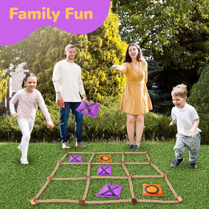 Gamie Giant Tic Tac Toe Game Outdoor - 3 x 3 Feet - Includes Rope Grid, 10 Bean Bag Play Pieces, and 1 Drawstring Carry Bag - Large Yard Games - Outdoor Game for Patio, Picnic, Camping