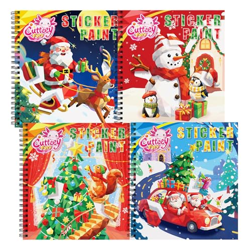 CutteeyFyry 4PCS Paint by Number Sticker Book - Christmas Crafts & Acitivity Puzzles Book for Kids Ages 4-10, Travel Toys for Road Trip & Airplane,Perfect Christmas Gifts & Basket Stuffers for Kids - color: Christmas