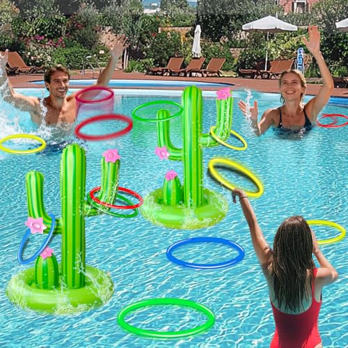 TURNMEON 2 Pack Inflatable Luau Cactus Pool Ring Toss Game Set - 8 Plastic Rings & Wider Base, Adults Summer Hawaiian Beach & Outdoor Party Supplies - color: Inflatable Flamingo Pool Toys