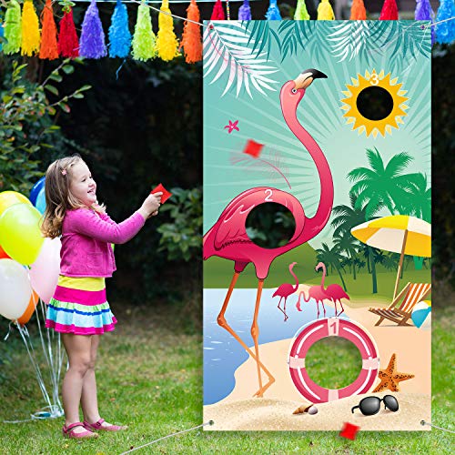 Blulu Flamingo Toss Games with 3 Nylon Bean Bags Hawaiian Summer Flamingo Backdrop Banner for Luau Party Game Birthday Decoration Carnival Party Supplies
