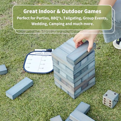 ApudArmis Giant Tumble Tower Stack to Over 5Ft, 56 PCS Pine Wooden Stacking Timber Game with 1 Dice Set - Classic Block Giant Outdoor Game (7.48 * 2.48 * 1.5 in Each Block, Gray) - color: Gray, size: XL-Over 5FT