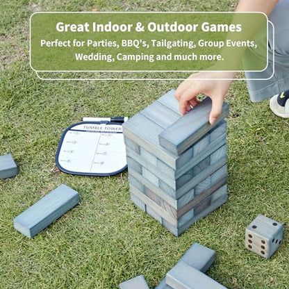 ApudArmis Giant Tumble Tower Stack to Over 5Ft, 56 PCS Pine Wooden Stacking Timber Game with 1 Dice Set - Classic Block Giant Outdoor Game (7.48 * 2.48 * 1.5 in Each Block, Gray) - color: Gray, size: XL-Over 5FT