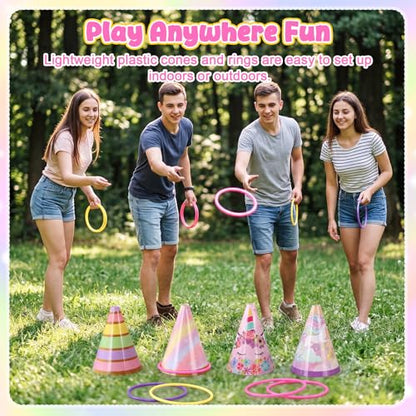 RoundFunny 12set 3 in 1 Ring Toss Game Set, Carnival Game Kit with Cones, Rings, Bean Bags & Storage Bag, Includes Unicorn Decorations for DIY Toss Games, Birthday Party, Easter, Carnival - style: Unicorn