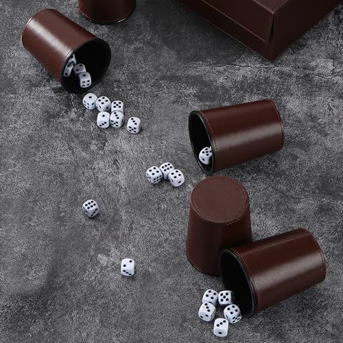 5X Dice Cup Set, PU Leather Dice Shaker Cups with 30 Dices for Bar Party Yahtzee Farkle Dice Games, Coffee (5, Brown) - color: Brown X5