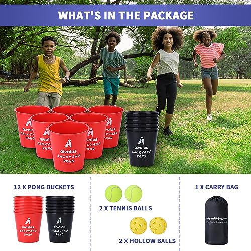 Aivalas Yard Pong Outdoor Games, Giant Yard Games Set with 12 Buckets and Balls for Adults and Family, Toss Game Throwing Games for Beach, Camping, Lawn and Backyard - color: Red/Black