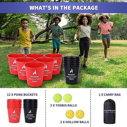Aivalas Yard Pong Outdoor Games, Giant Yard Games Set with 12 Buckets and Balls for Adults and Family, Toss Game Throwing Games for Beach, Camping, Lawn and Backyard - color: Red/Black