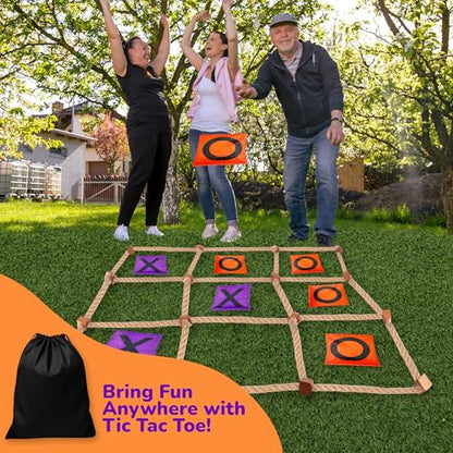 Gamie Giant Tic Tac Toe Game Outdoor - 3 x 3 Feet - Includes Rope Grid, 10 Bean Bag Play Pieces, and 1 Drawstring Carry Bag - Large Yard Games - Outdoor Game for Patio, Picnic, Camping
