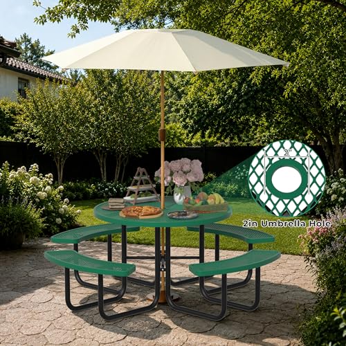 All-Weather Round Outdoor Picnic Table, Commercial Picnic Table Bench Set with Umbrella Hole, Thermoplastic Coated Metal Dining Tables for School, Stores, Park, Patio, Yard, Green - color: Green