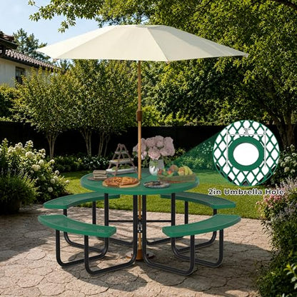 All-Weather Round Outdoor Picnic Table, Commercial Picnic Table Bench Set with Umbrella Hole, Thermoplastic Coated Metal Dining Tables for School, Stores, Park, Patio, Yard, Green - color: Green