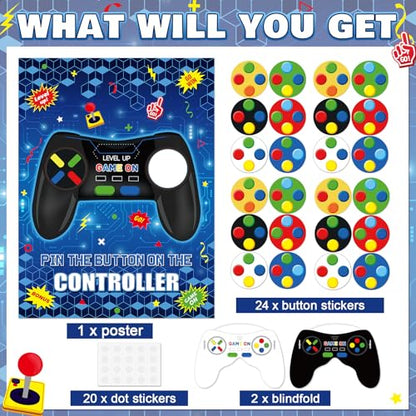 Faccito Pin The Button on The Video Game Birthday Games Set Video Game Poster with 24 Button Stickers 2 Games Controller Blindfolds for Birthday Party Wall Home Room Decorations Activities Supplies - style: Video