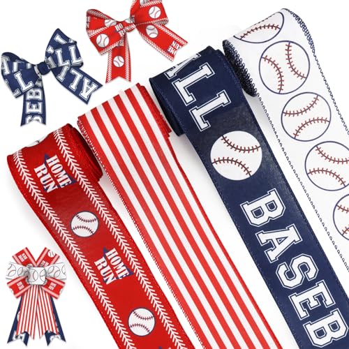 Baseball Wired Edge Ribbon for Gift Wrapping 2.5 Inch Red Blue Craft Ribbon Wired Fabric Ribbon for Sport Events DIY Bow Wreath Wrapping Supplies,2.5"*5 Yards, 4 Rolls Style A - color: Baseball A