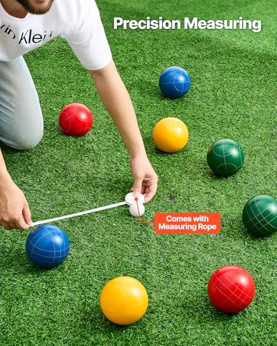 VEVOR Bocce Ball Set, 107 mm, with 8 Resin Balls, Pallino, Carrying Bag and Measuring Rope, Red/Green/Blue/Yellow 4 Colors, for 2 to 8 Players, Bocce Ball Game Set for Beach, Lawn, Family Backyard