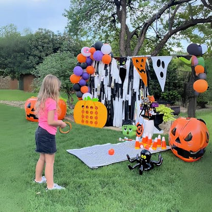 Fun Express Halloween Games for Kids Party - Candy Corn Pumpkin Bowling Set with 6 Pins & Ball | Fall Festival Games for Outdoor Trunk or Treat Activities & Carnival Events | Safe Plastic Design