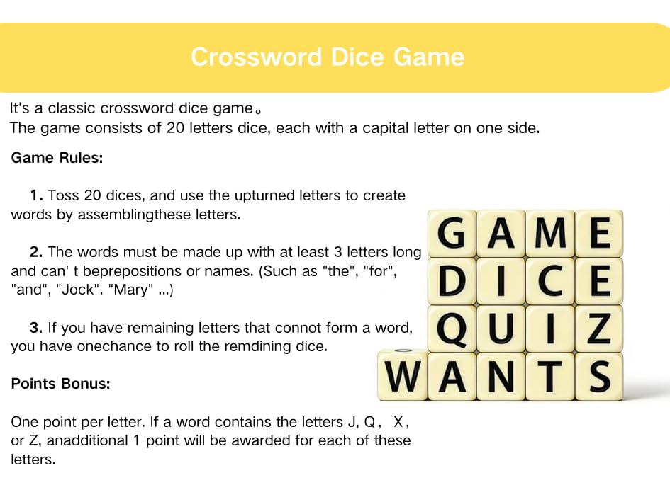 Crossword Dice Game, 20 Large Letter Dice, Word Games，Word Dice Game for Family Game Night, Travel & On-The-Go Fun Word Game Portable