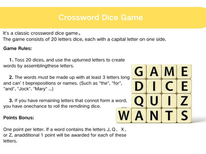 Crossword Dice Game, 20 Large Letter Dice, Word Games，Word Dice Game for Family Game Night, Travel & On-The-Go Fun Word Game Portable