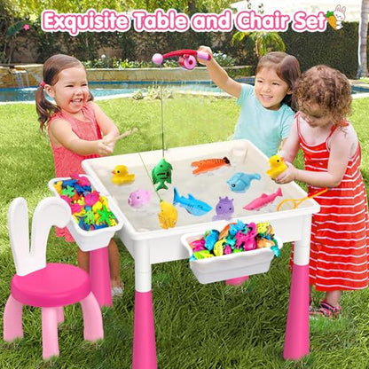 OCATO Kids Toddler Table and Chair Set: Water Table Activity Tables with 152Pcs Large Marble Run Building Blocks 2 Rabbit Chairs Storage All in One Play Sensory Sand Tables 3-6 Year Old Girl Toy Gift - color: Pink