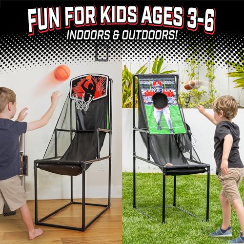 GoSports 2 in 1 Basketball and Football Toss Arcade Game for Kids Ages 3 to 8 Indoor and Outdoor Sports Toy with Hoop, Target, Balls & Pump for Backyard and Playroom Fun