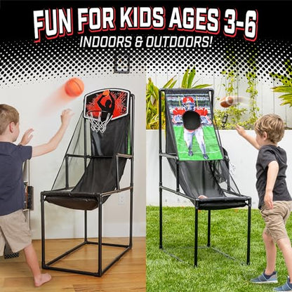 GoSports 2 in 1 Basketball and Football Toss Arcade Game for Kids Ages 3 to 8 Indoor and Outdoor Sports Toy with Hoop, Target, Balls & Pump for Backyard and Playroom Fun