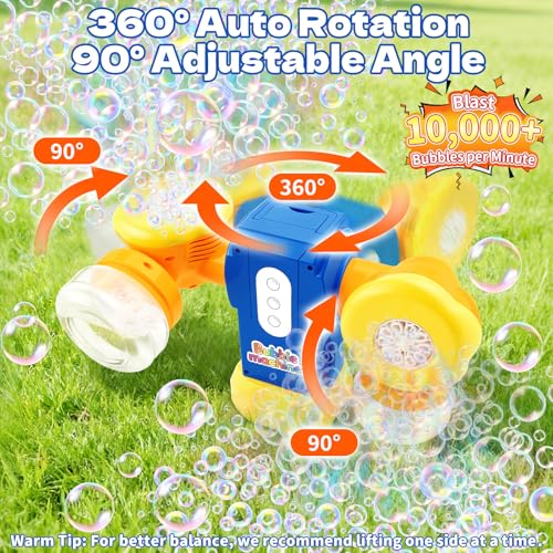 Dual-Engine Bubble Machine with LED Lights & Automatic 360° Rotation & 90° Adjustable, Type-C Rechargeable Bubble Blower Maker for Kids Birthday Parties Weddings Outdoor Activities