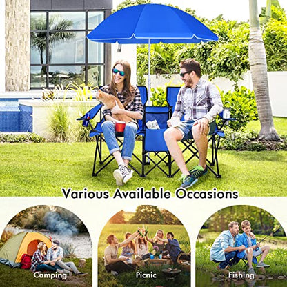 LDAILY LUARANE Folding Double Camping Chair, Outdoor Picnic Chairs w/Removable Umbrella, Mini Table, Cup Holder & Carrying Bag, Portable Camping Loveseat for Patio, Pool, Lawn, Beach, Park (Blue) - color: Blue