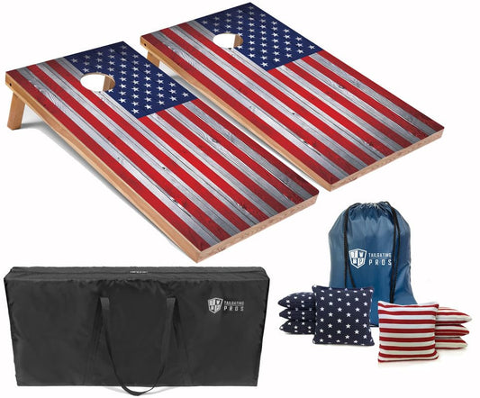 Tailgating Pros Regulation Cornhole Boards Flag Set - Includes 8 Bean Bags, Carrying Cases, and 4'x2' Corn Hole Toss Game - color: US Flag
