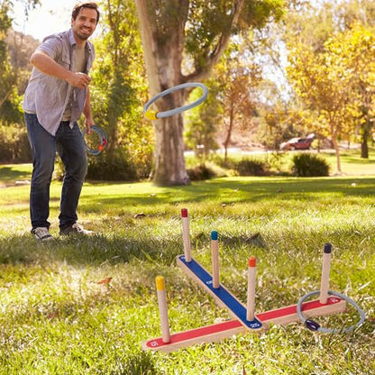 WILLOWDALE Wood Ring Toss Game for Kids, Outdoor Yard Games with 5 Rope Rings, Backyard Fun Ring Toss Rings, Wooden Outdoor Games for Adults and Family, Indoor Games for Kids (Red & Blue)